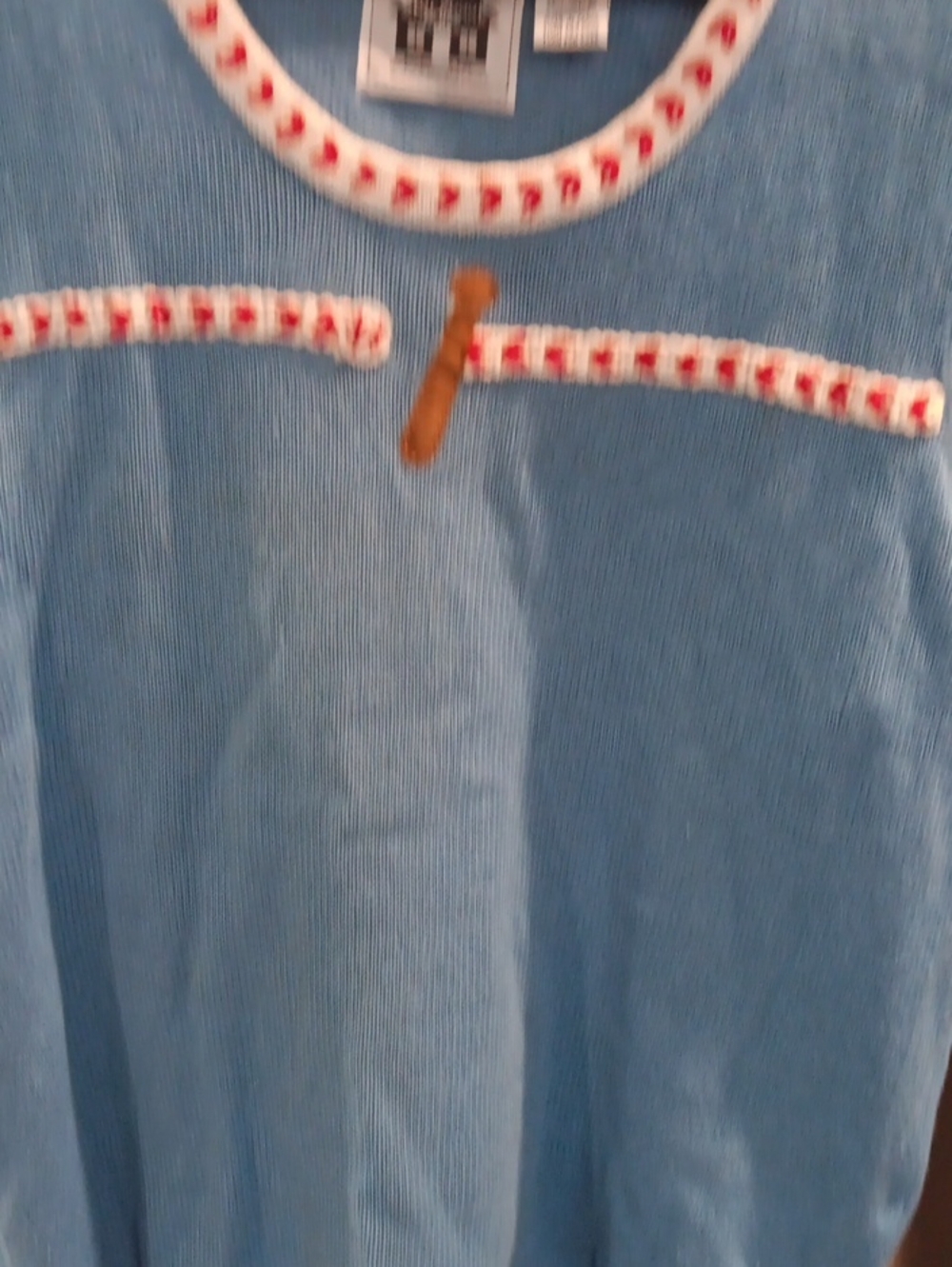 Storybook Knits Light Blue Tank with Red Trim and Tan Toggle